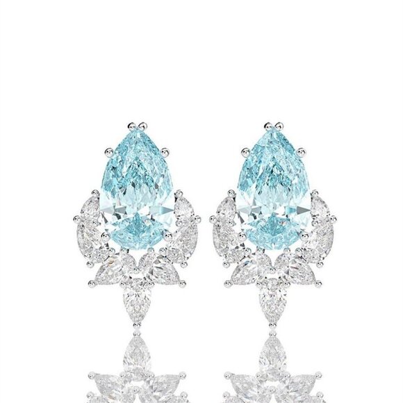 🌸 Elegant Teardrop Sea Blue Emerald CZ Stud Earrings, MARR9251 - Picture 2 of 2